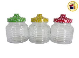 FRASCO DE VIDRIO TALLADO RAYAS HORIZONTALES C/TAPA COLOR LUNARES 14X11 (953505/02-0032G-13-AE)