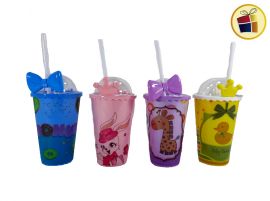 VASO PLASTICO INFANTIL 16CM TAPA EXPRIMIDOR SORBETE MOÑO POKA (NS220678/206781)