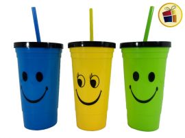 VASO PLASTICO CARITA CON TAPA Y SORBETE 16CM (176666/NS217666)