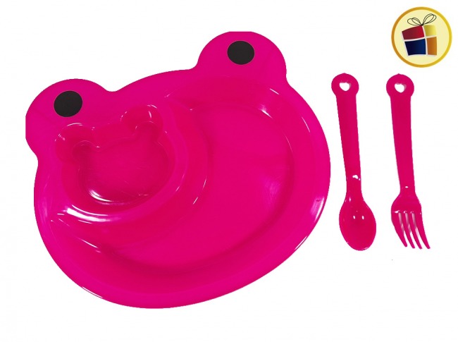 SET INFANTIL PLASTICO PLATO FORMA RANA Y CUBIERTOS  POKA (JCA2425AZ/NS230460/422036)