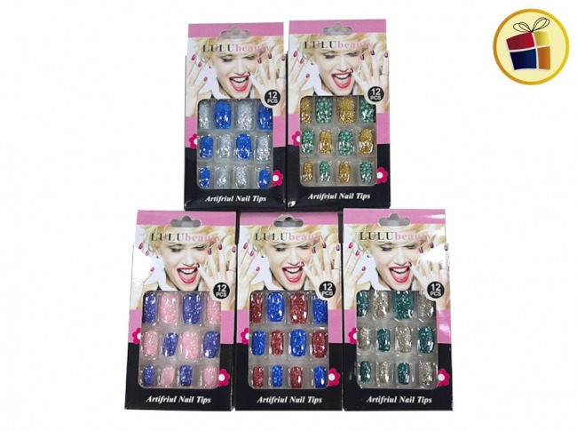 UÑAS POSTIZAS GLITTER DECORADAS CUADRADA EN CAJA (16861/SH03-05-05)