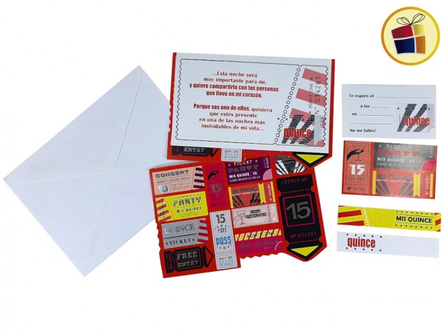 INVITACION 15 AÑO TICKET ROJO X10 (7302-3/55762) GOLD MUNDO